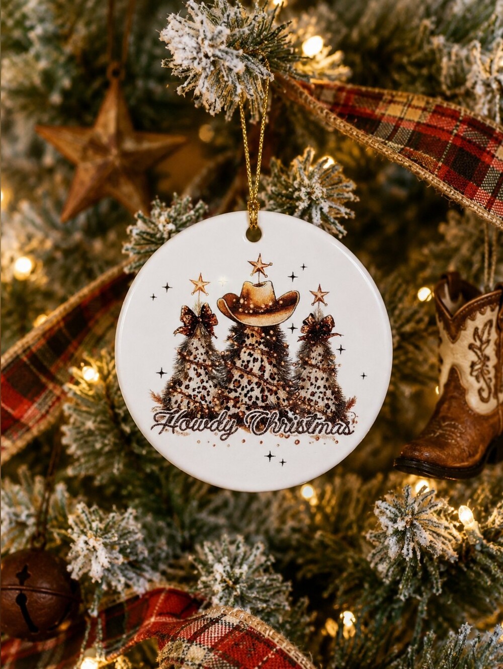 Western “Howdy Christmas” Ceramic Ornament Leopard Tree Cowgirl Hat NIB
